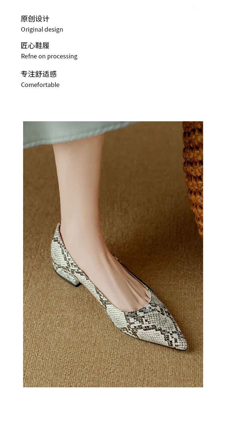 Women's flat shoes with a low heel, featuring a snakeskin print, color blocking, and openwork design, perfect for spring and autumn commuting. Sizes 34-40