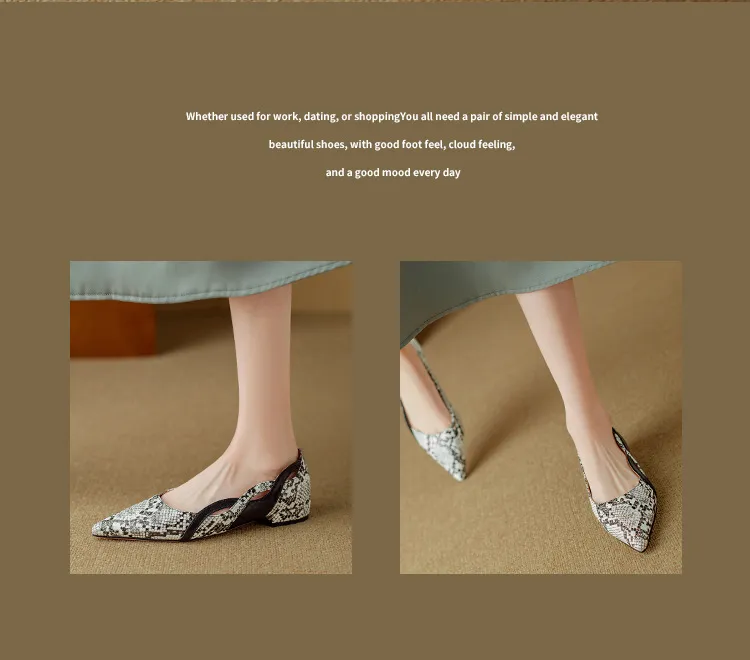 Women's flat shoes with a low heel, featuring a snakeskin print, color blocking, and openwork design, perfect for spring and autumn commuting. Sizes 34-40