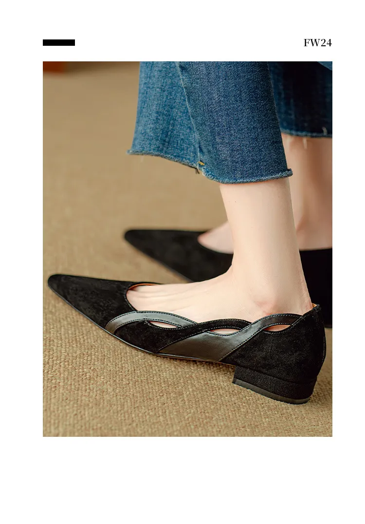 Women's flat shoes with a low heel, featuring a snakeskin print, color blocking, and openwork design, perfect for spring and autumn commuting. Sizes 34-40