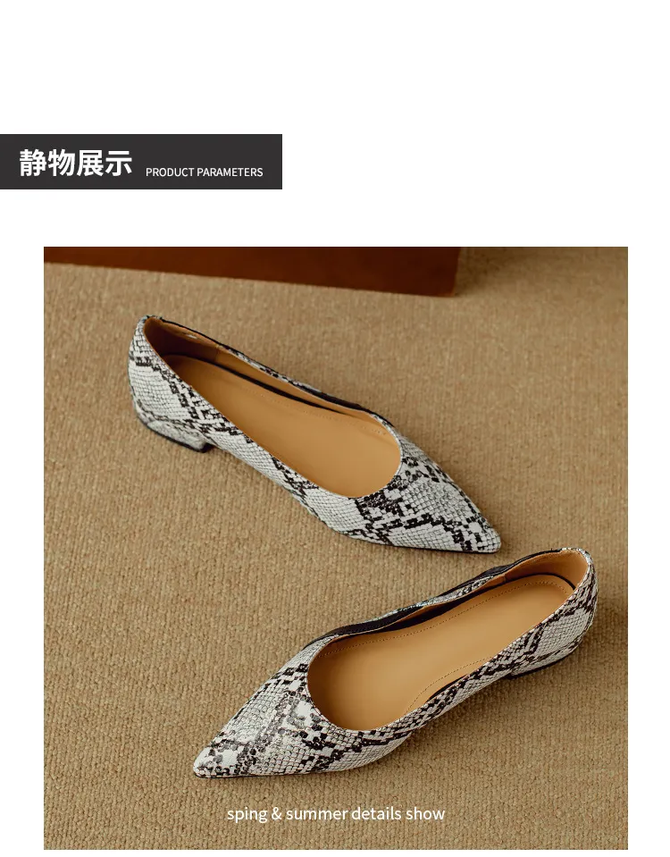 Women's flat shoes with a low heel, featuring a snakeskin print, color blocking, and openwork design, perfect for spring and autumn commuting. Sizes 34-40