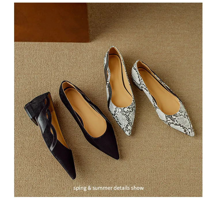 Women's flat shoes with a low heel, featuring a snakeskin print, color blocking, and openwork design, perfect for spring and autumn commuting. Sizes 34-40