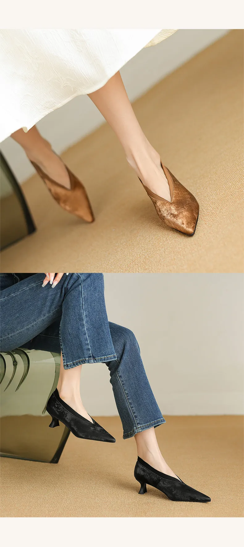 New granny shoes, spring/summer French retro pointed toe kitten heel 5cm retro V-mouth single shoes for women.