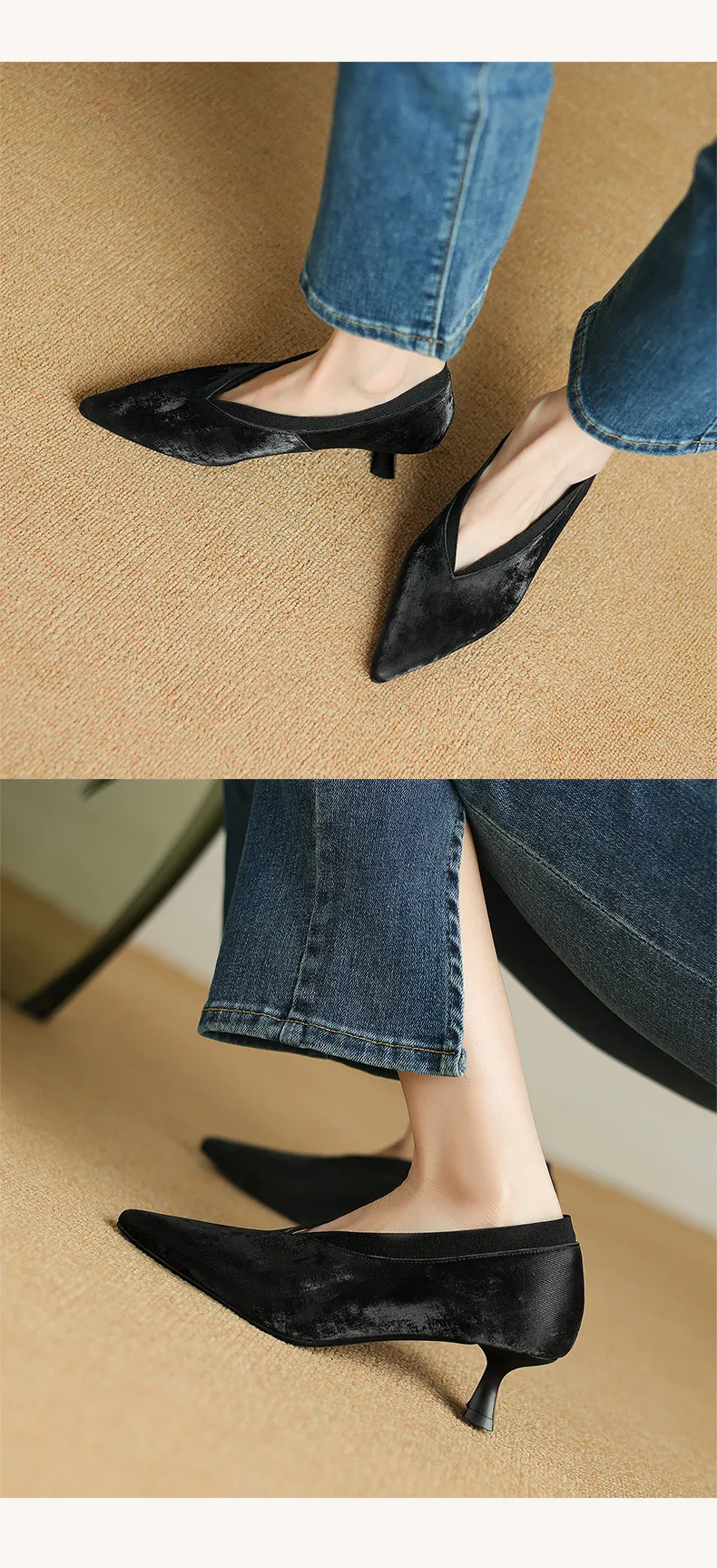 New granny shoes, spring/summer French retro pointed toe kitten heel 5cm retro V-mouth single shoes for women.