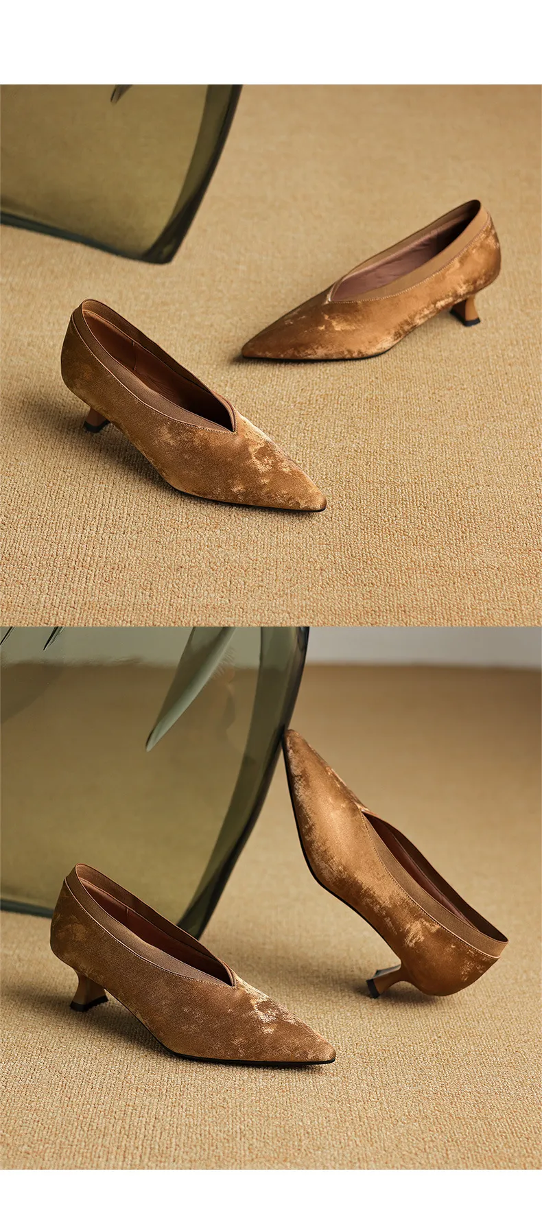 New granny shoes, spring/summer French retro pointed toe kitten heel 5cm retro V-mouth single shoes for women.