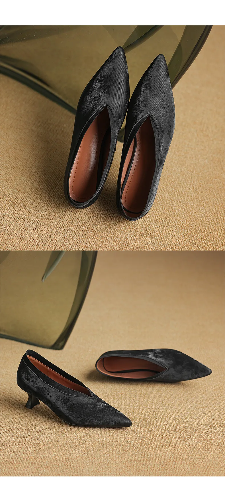New granny shoes, spring/summer French retro pointed toe kitten heel 5cm retro V-mouth single shoes for women.