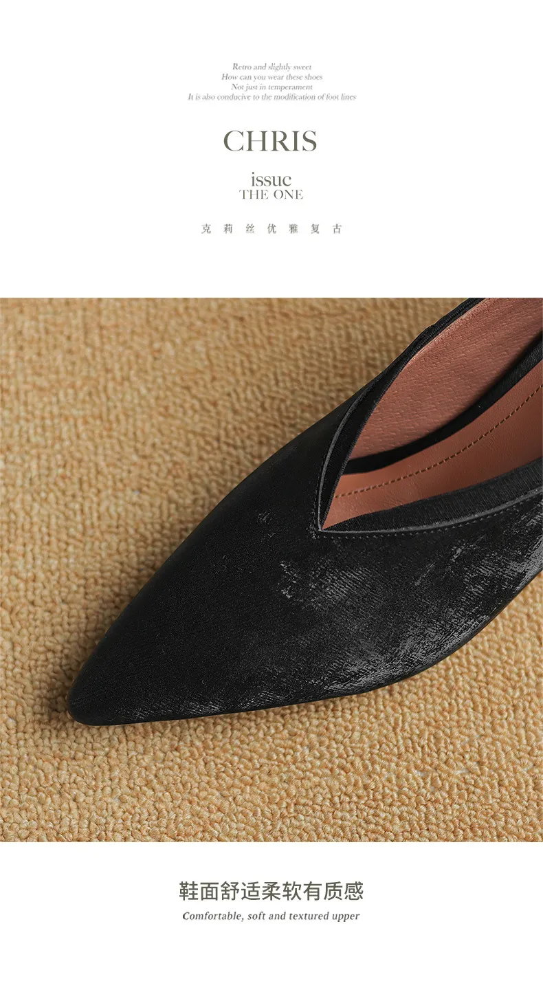 New granny shoes, spring/summer French retro pointed toe kitten heel 5cm retro V-mouth single shoes for women.