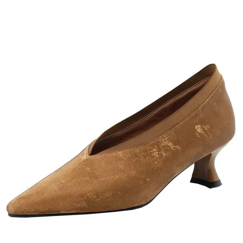 Pointed-toe soft-soled retro leather shoes, single shoes, high heels, elegant feel, 5cm stable, traditional Chinese style women's shoes