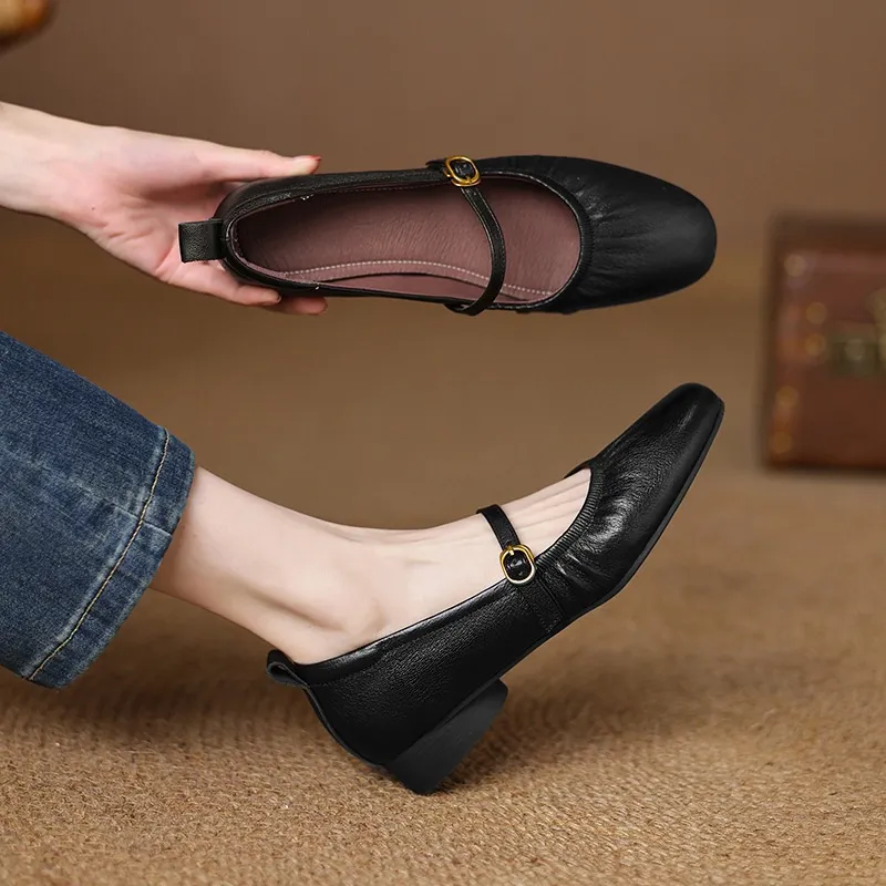 Women's Mary Jane shoes (sizes 34-42), spring and autumn style, low-cut, round toe, chunky heel, one-strap, sheepskin strap.