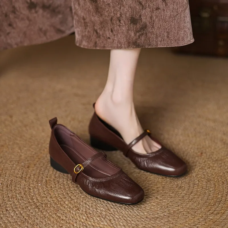 Women's Mary Jane shoes (sizes 34-42), spring and autumn style, low-cut, round toe, chunky heel, one-strap, sheepskin strap.