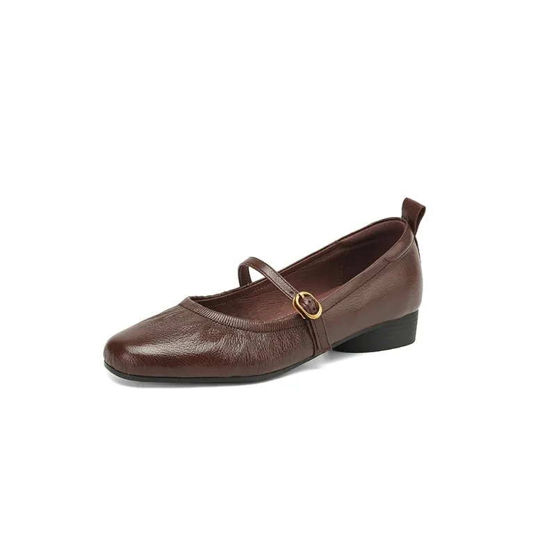 Women's Mary Jane shoes (sizes 34-42), spring and autumn style, low-cut, round toe, chunky heel, one-strap, sheepskin strap.