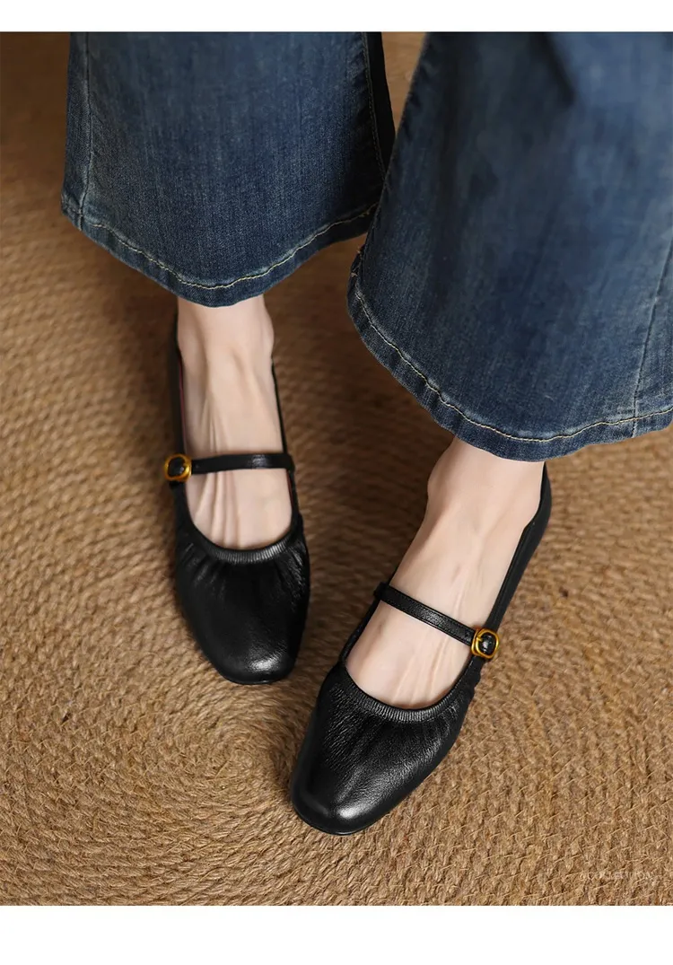 Women's Mary Jane shoes (sizes 34-42), spring and autumn style, low-cut, round toe, chunky heel, one-strap, sheepskin strap.