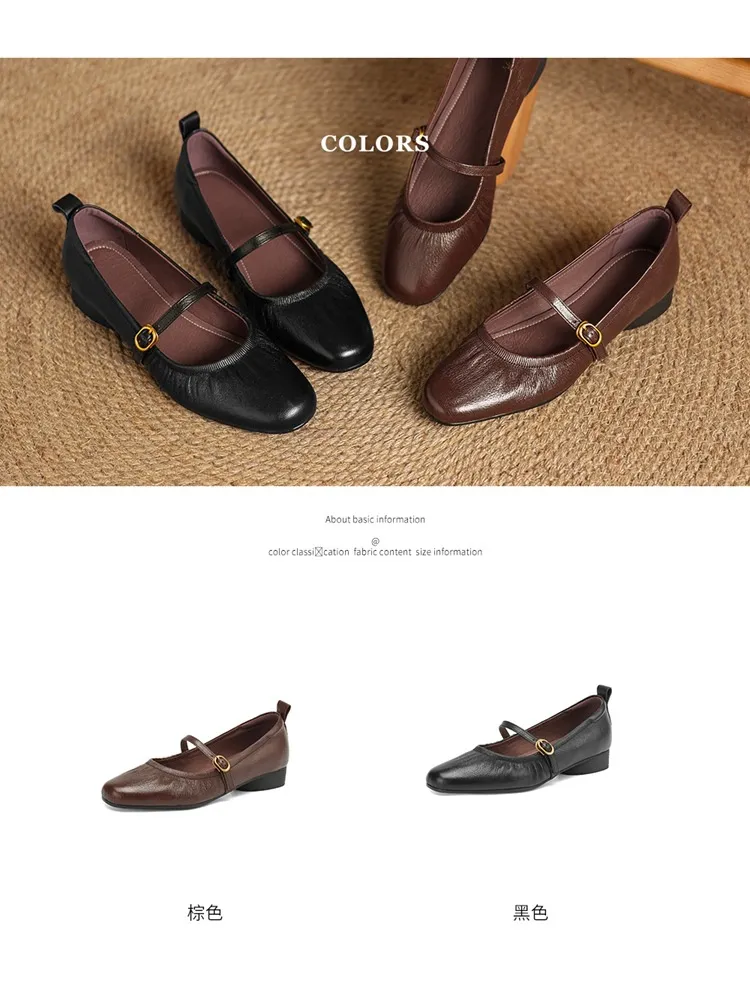 Women's Mary Jane shoes (sizes 34-42), spring and autumn style, low-cut, round toe, chunky heel, one-strap, sheepskin strap.