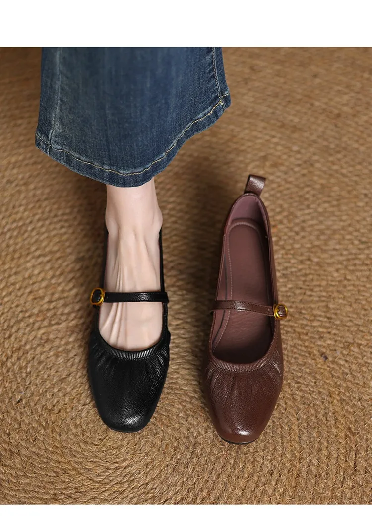 Women's Mary Jane shoes (sizes 34-42), spring and autumn style, low-cut, round toe, chunky heel, one-strap, sheepskin strap.