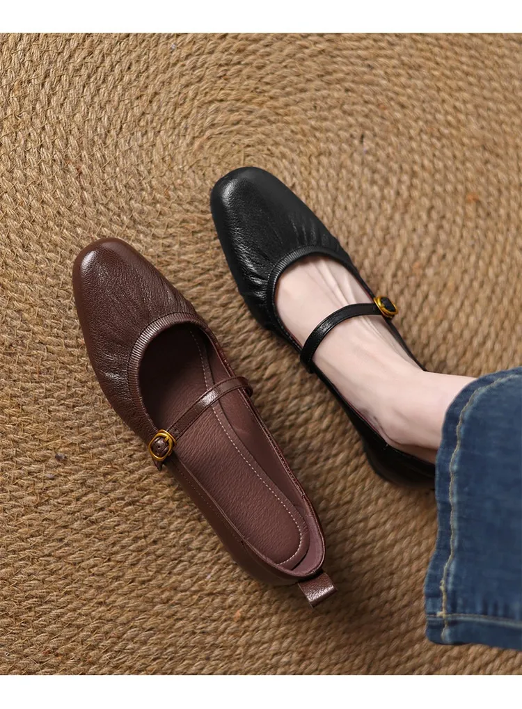 Women's Mary Jane shoes (sizes 34-42), spring and autumn style, low-cut, round toe, chunky heel, one-strap, sheepskin strap.