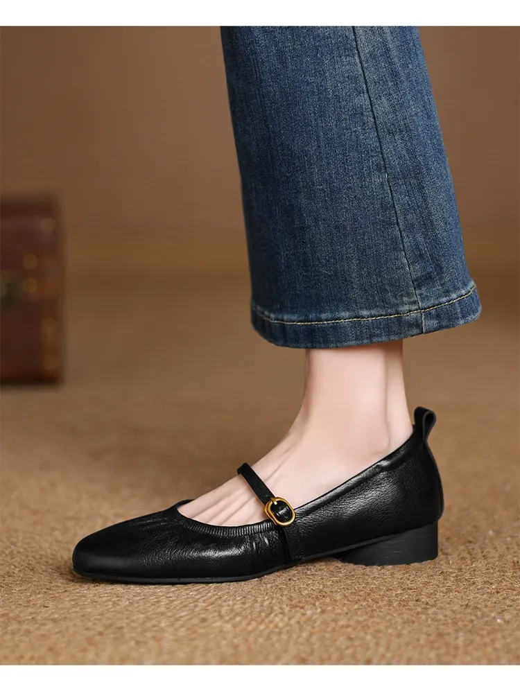 Women's Mary Jane shoes (sizes 34-42), spring and autumn style, low-cut, round toe, chunky heel, one-strap, sheepskin strap.
