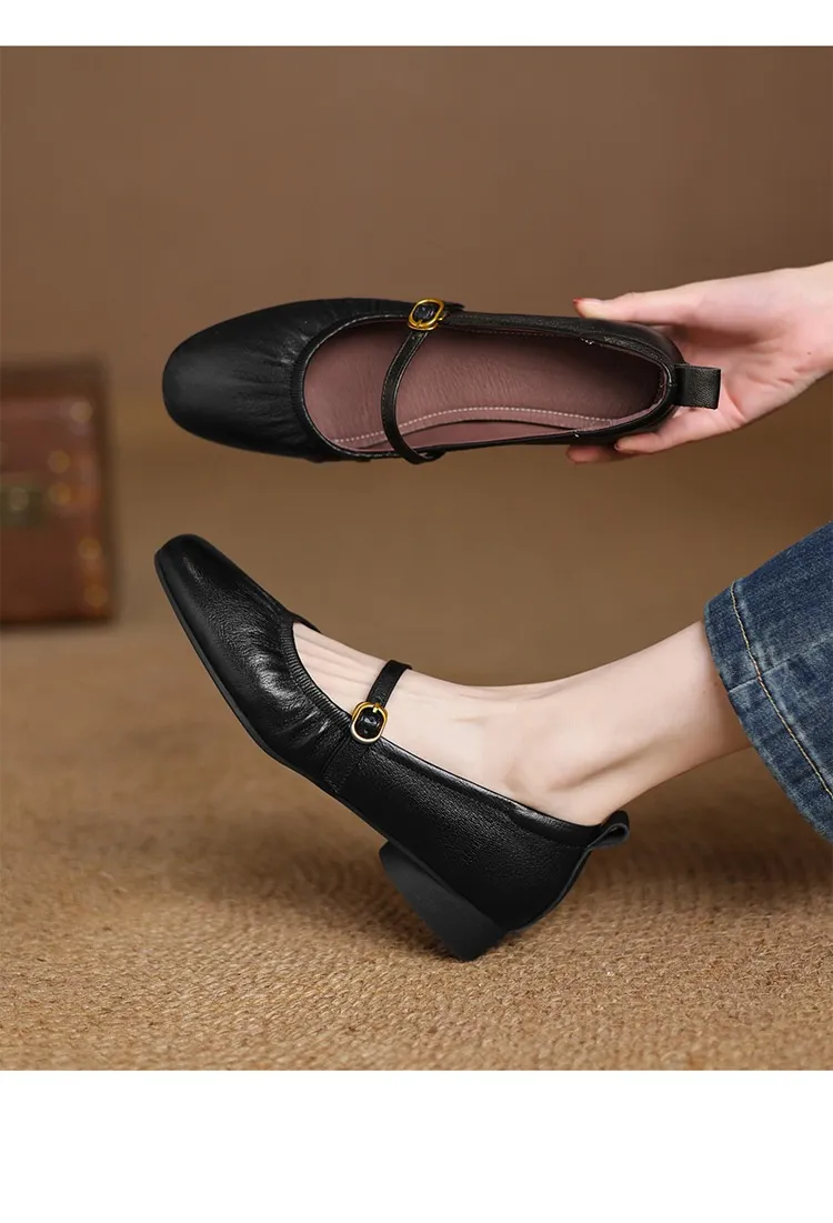 Women's Mary Jane shoes (sizes 34-42), spring and autumn style, low-cut, round toe, chunky heel, one-strap, sheepskin strap.