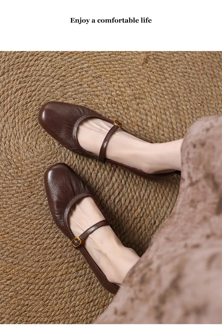 Women's Mary Jane shoes (sizes 34-42), spring and autumn style, low-cut, round toe, chunky heel, one-strap, sheepskin strap.