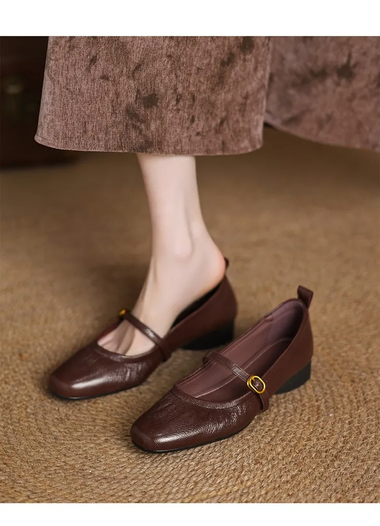 Women's Mary Jane shoes (sizes 34-42), spring and autumn style, low-cut, round toe, chunky heel, one-strap, sheepskin strap.