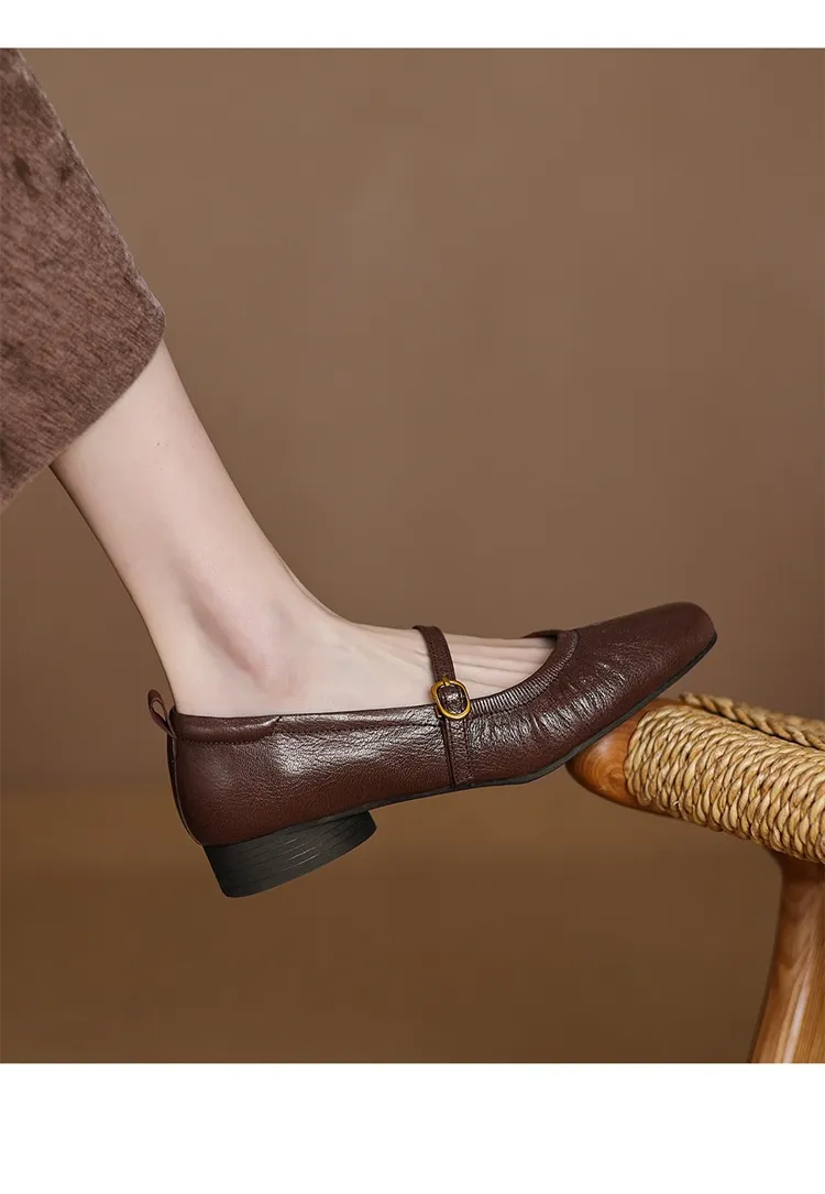 Women's Mary Jane shoes (sizes 34-42), spring and autumn style, low-cut, round toe, chunky heel, one-strap, sheepskin strap.