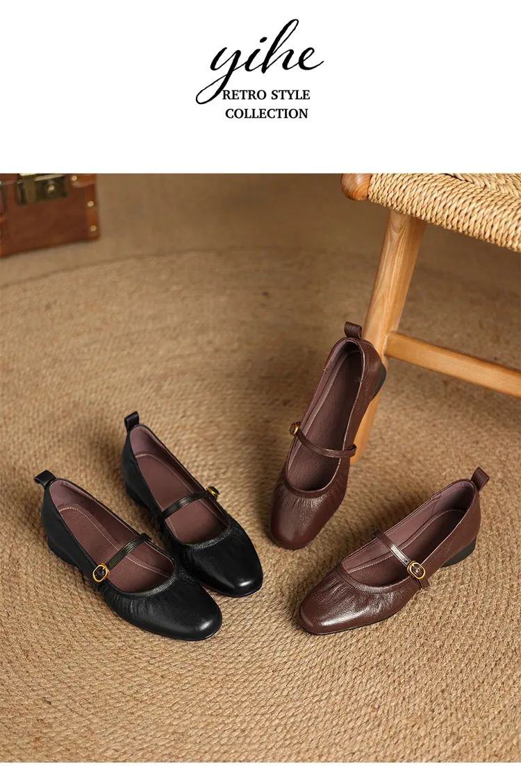Women's Mary Jane shoes (sizes 34-42), spring and autumn style, low-cut, round toe, chunky heel, one-strap, sheepskin strap.