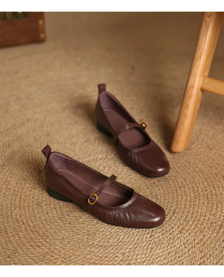 Women's Mary Jane shoes (sizes 34-42), spring and autumn style, low-cut, round toe, chunky heel, one-strap, sheepskin strap.