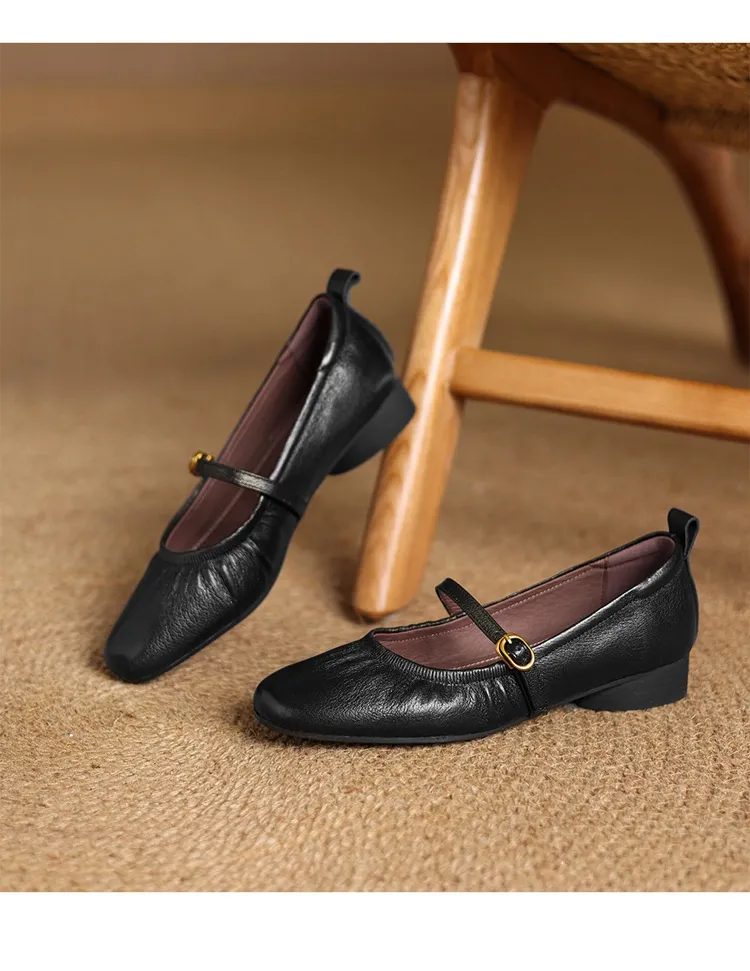 Women's Mary Jane shoes (sizes 34-42), spring and autumn style, low-cut, round toe, chunky heel, one-strap, sheepskin strap.