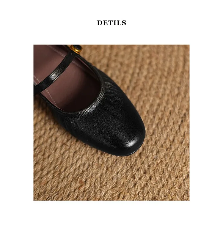 Women's Mary Jane shoes (sizes 34-42), spring and autumn style, low-cut, round toe, chunky heel, one-strap, sheepskin strap.