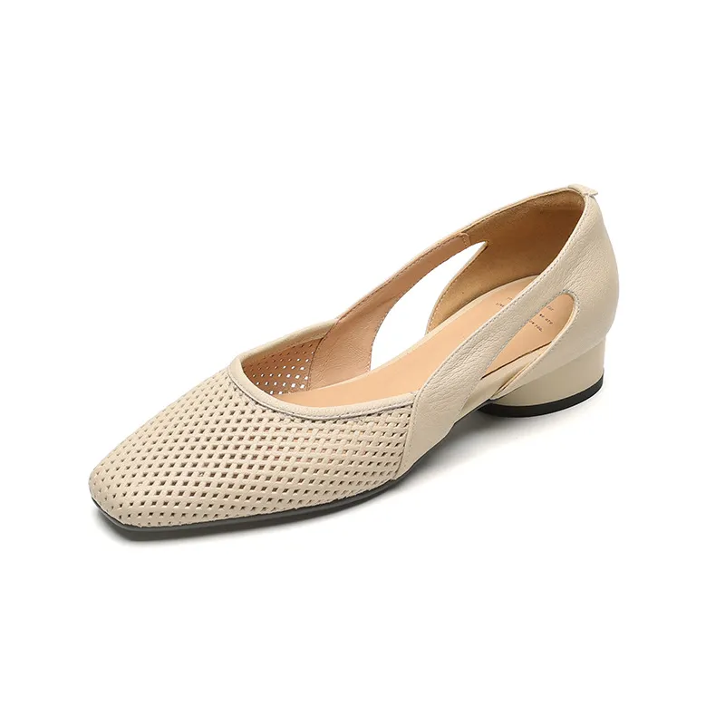 Summer single shoes, square toe, hollowed-out, chunky heel, high-heeled fashion women's shoes, off-white and black.