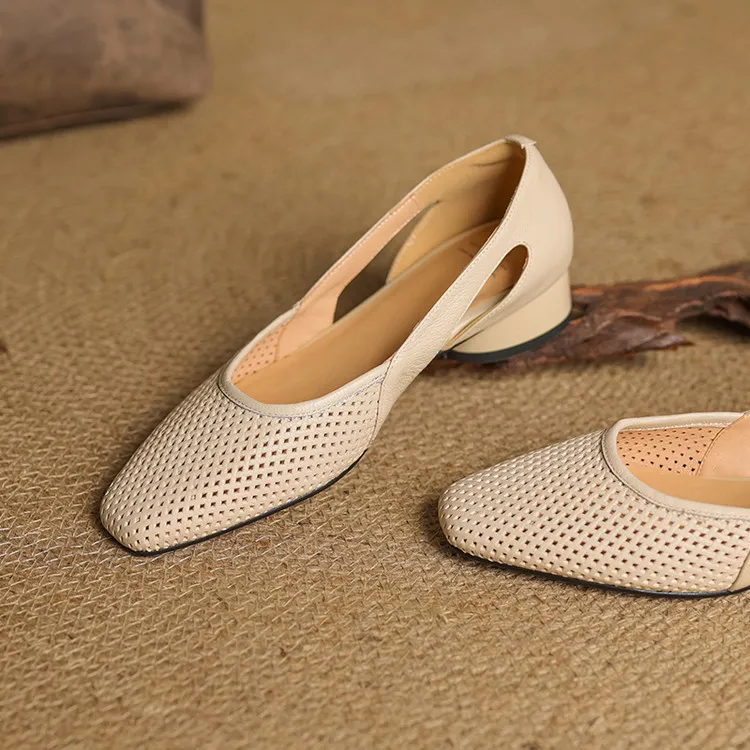 Summer single shoes, square toe, hollowed-out, chunky heel, high-heeled fashion women's shoes, off-white and black.