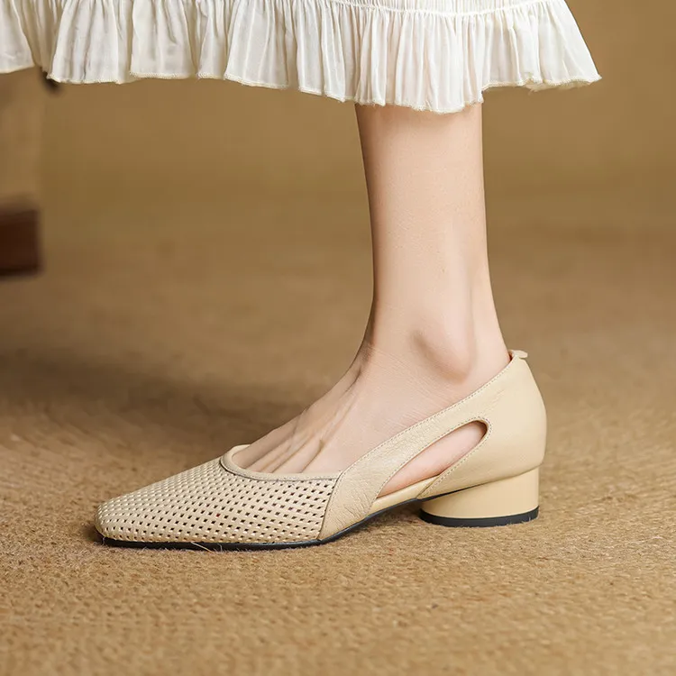Summer single shoes, square toe, hollowed-out, chunky heel, high-heeled fashion women's shoes, off-white and black.