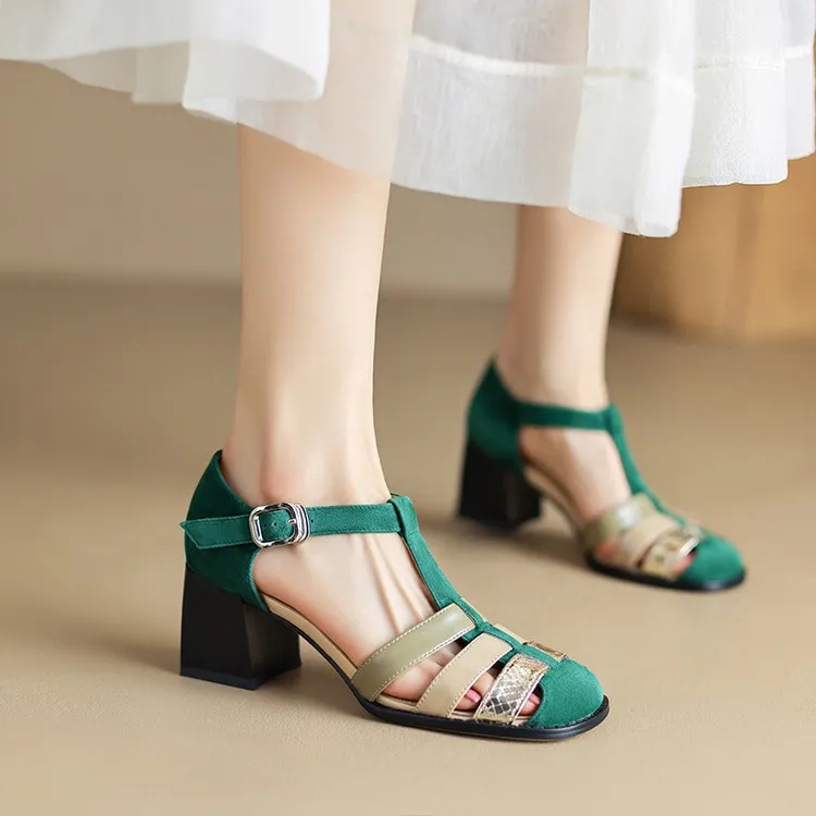 Women's hollowed-out pig cage shoes, trendy spring and summer genuine leather high-heeled sandals, chunky heels, color-blocked T-strap high and low heels.