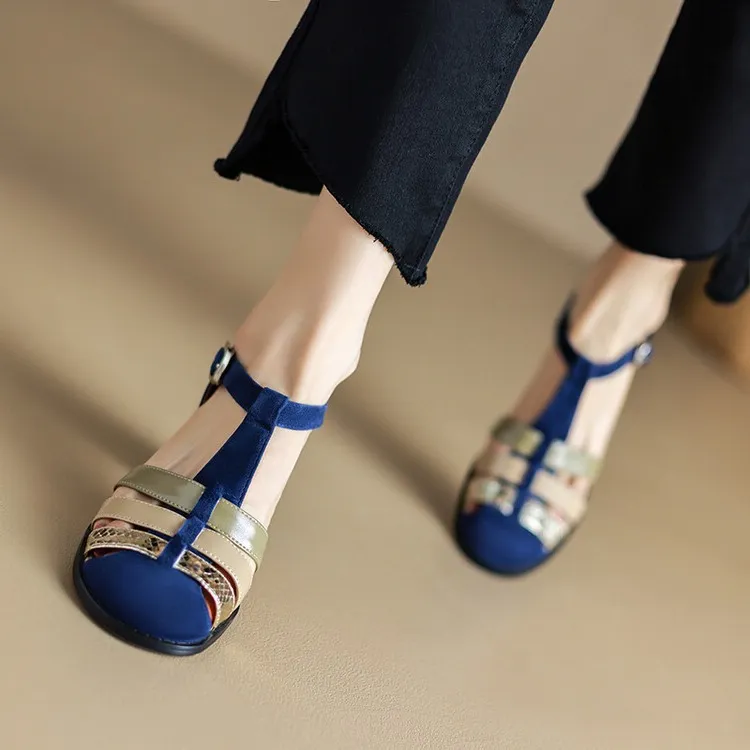 Women's hollowed-out pig cage shoes, trendy spring and summer genuine leather high-heeled sandals, chunky heels, color-blocked T-strap high and low heels.
