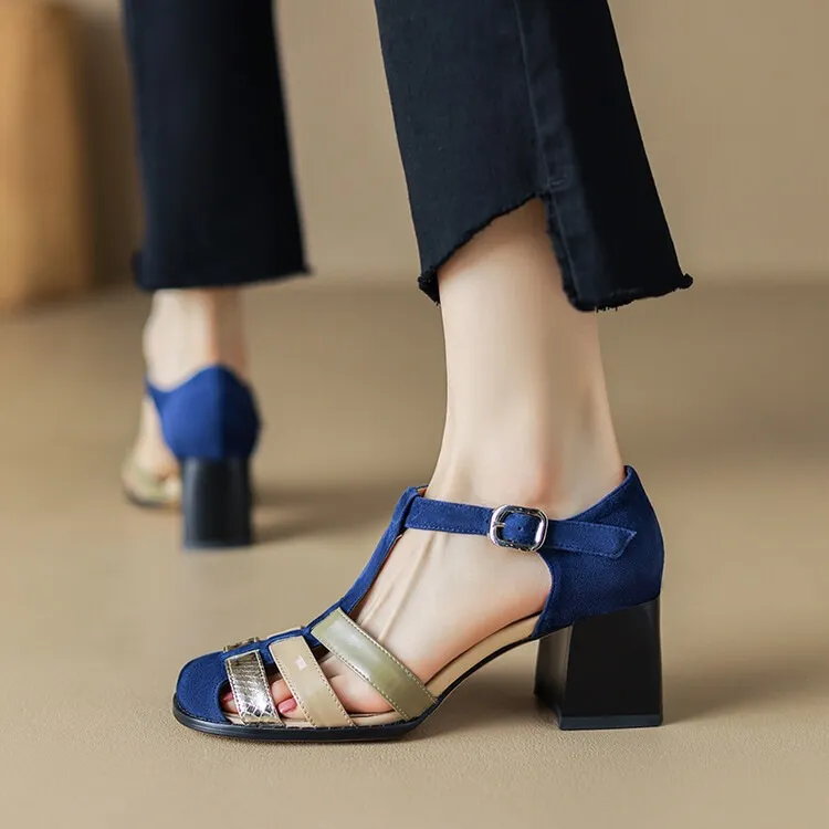 Women's hollowed-out pig cage shoes, trendy spring and summer genuine leather high-heeled sandals, chunky heels, color-blocked T-strap high and low heels.