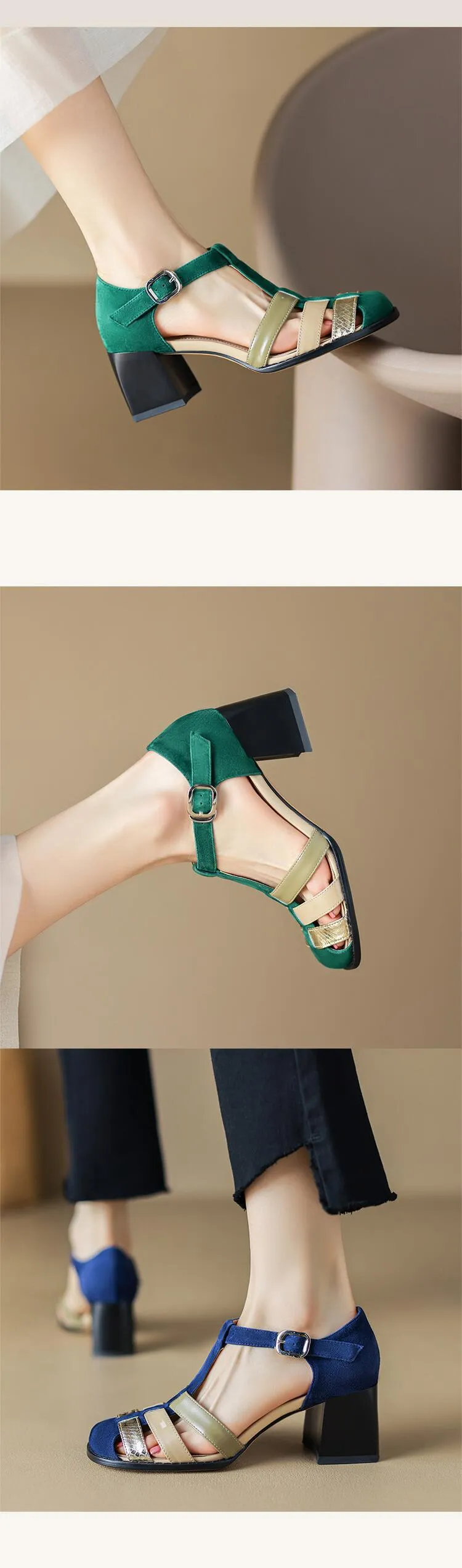 Women's hollowed-out pig cage shoes, trendy spring and summer genuine leather high-heeled sandals, chunky heels, color-blocked T-strap high and low heels.
