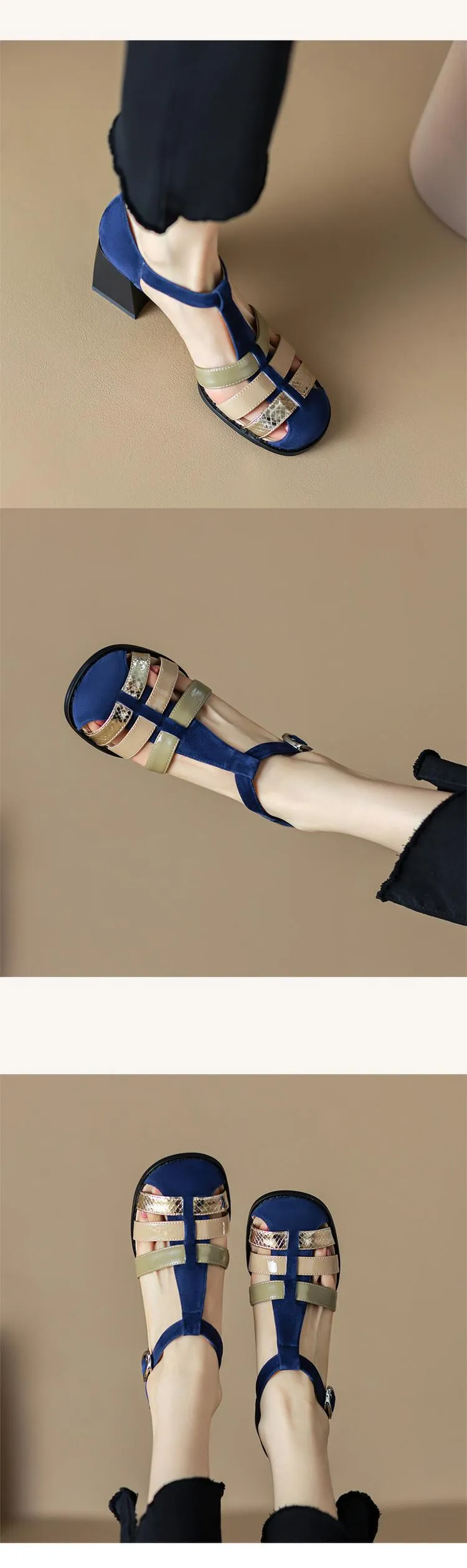Women's hollowed-out pig cage shoes, trendy spring and summer genuine leather high-heeled sandals, chunky heels, color-blocked T-strap high and low heels.