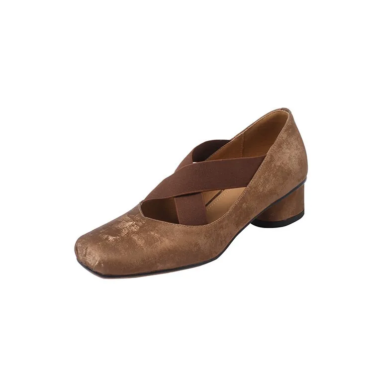 Chunky heel cross-over elastic ballet flats for women, spring style, square toe, flat, retro cross-strap, fashionable low-cut shoes.