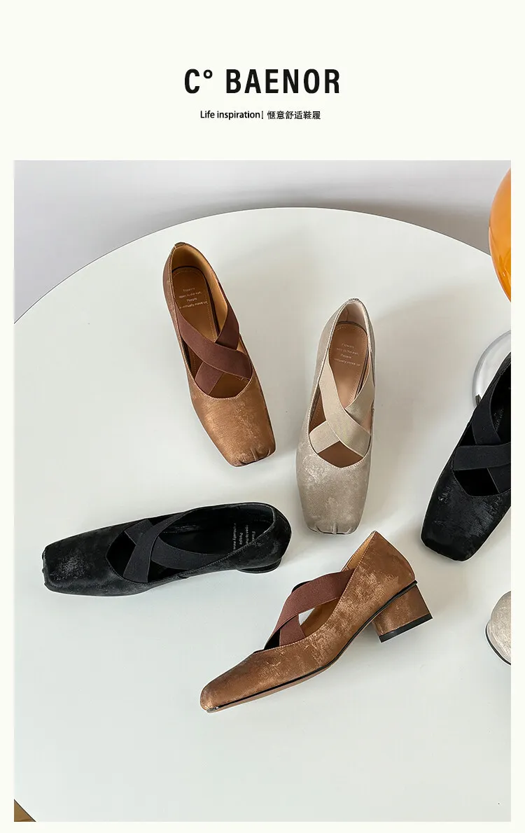 Chunky heel cross-over elastic ballet flats for women, spring style, square toe, flat, retro cross-strap, fashionable low-cut shoes.