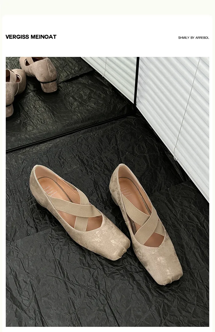 Chunky heel cross-over elastic ballet flats for women, spring style, square toe, flat, retro cross-strap, fashionable low-cut shoes.