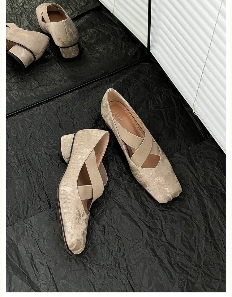 Chunky heel cross-over elastic ballet flats for women, spring style, square toe, flat, retro cross-strap, fashionable low-cut shoes.