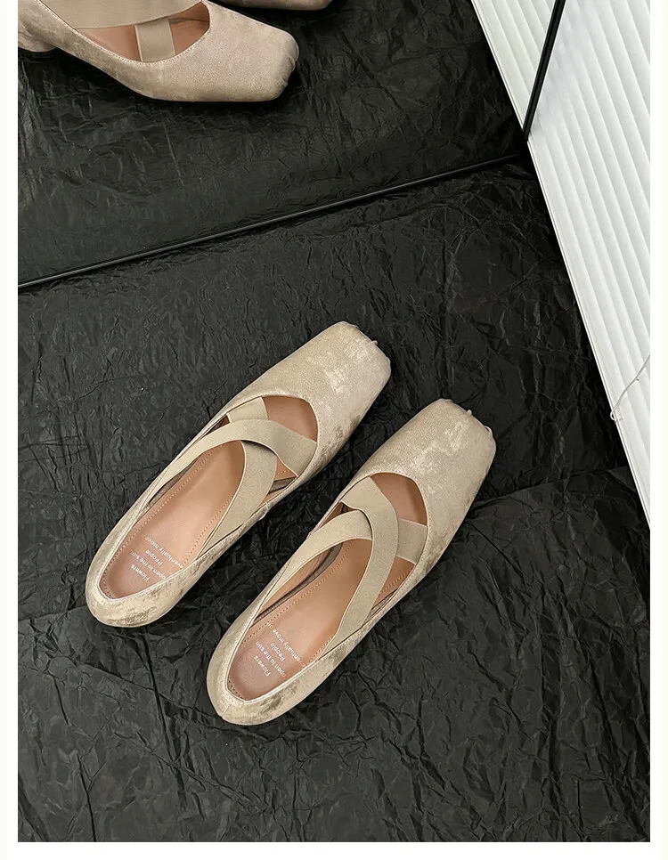 Chunky heel cross-over elastic ballet flats for women, spring style, square toe, flat, retro cross-strap, fashionable low-cut shoes.