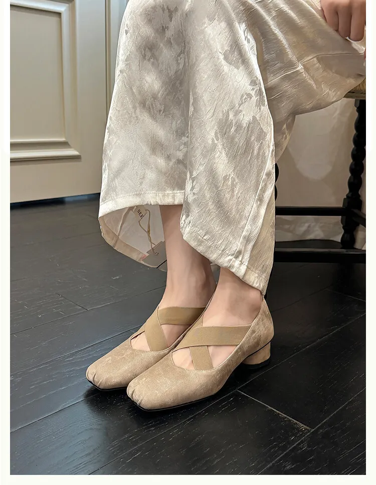 Chunky heel cross-over elastic ballet flats for women, spring style, square toe, flat, retro cross-strap, fashionable low-cut shoes.