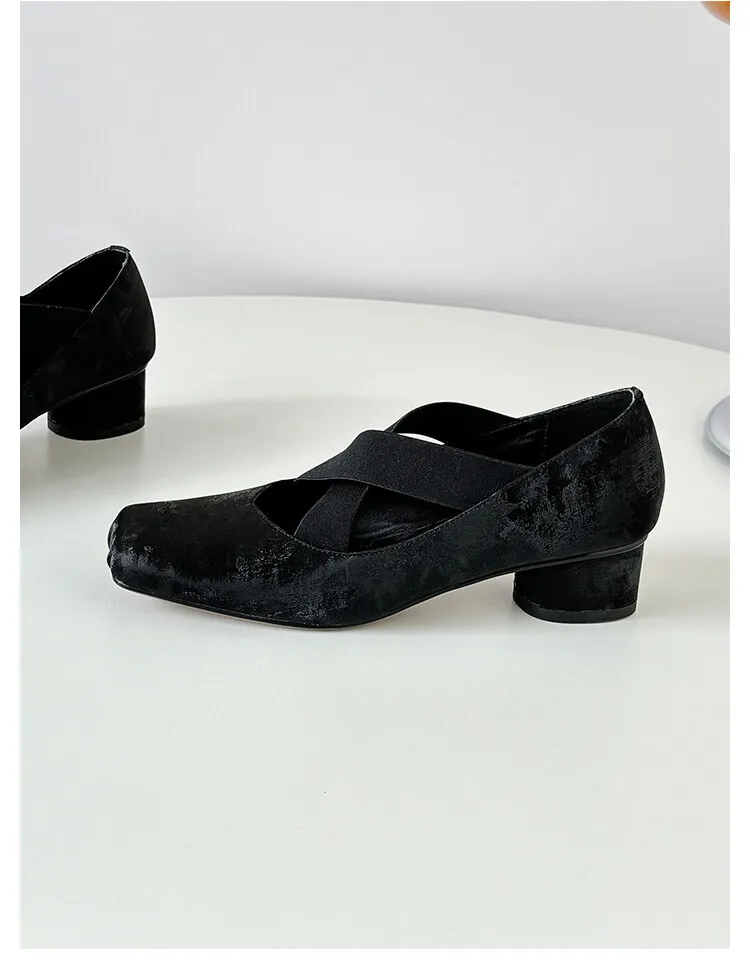 Chunky heel cross-over elastic ballet flats for women, spring style, square toe, flat, retro cross-strap, fashionable low-cut shoes.