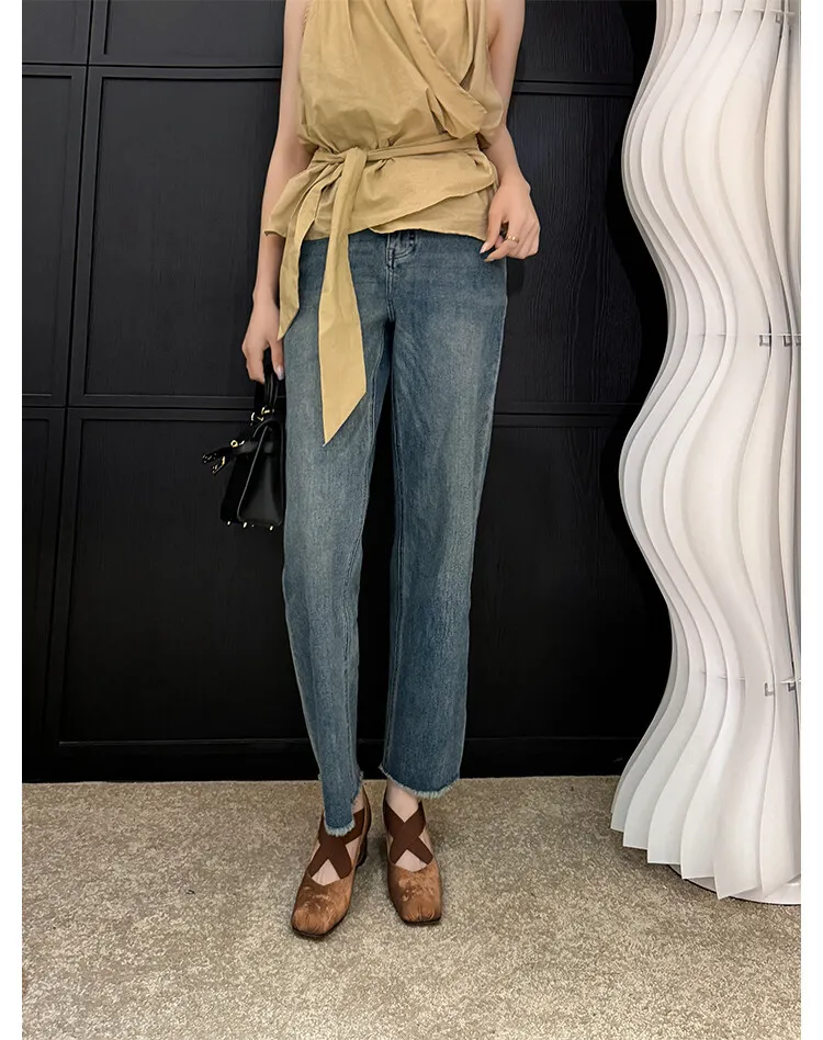 Chunky heel cross-over elastic ballet flats for women, spring style, square toe, flat, retro cross-strap, fashionable low-cut shoes.