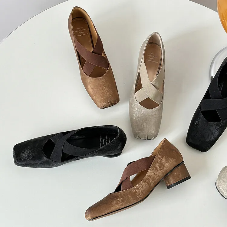 Chunky heel cross-over elastic ballet flats for women, spring style, square toe, flat, retro cross-strap, fashionable low-cut shoes.