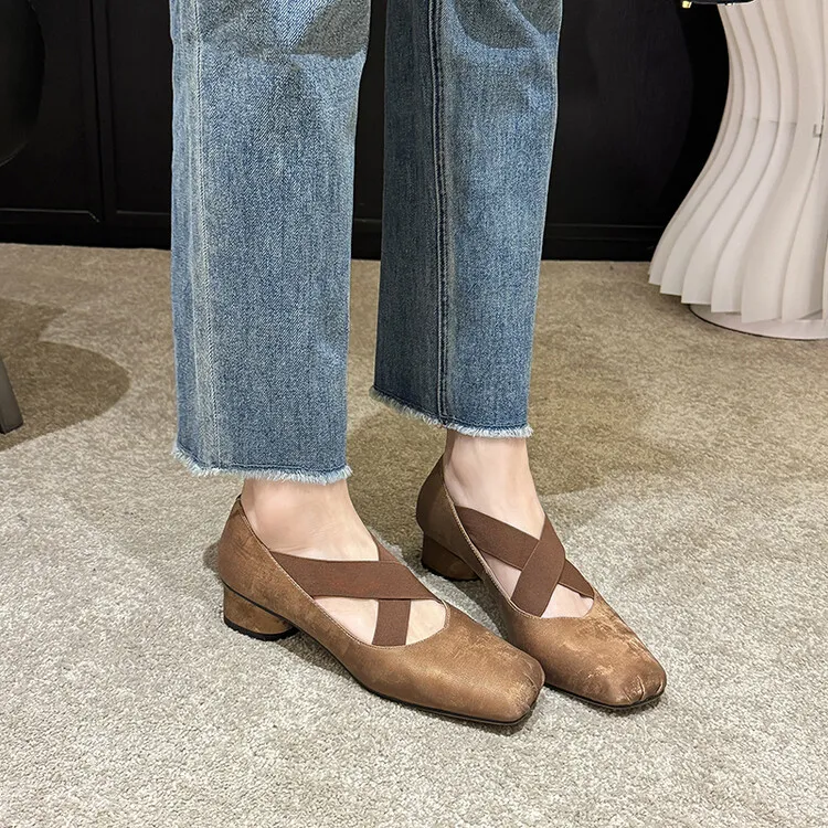 Chunky heel cross-over elastic ballet flats for women, spring style, square toe, flat, retro cross-strap, fashionable low-cut shoes.