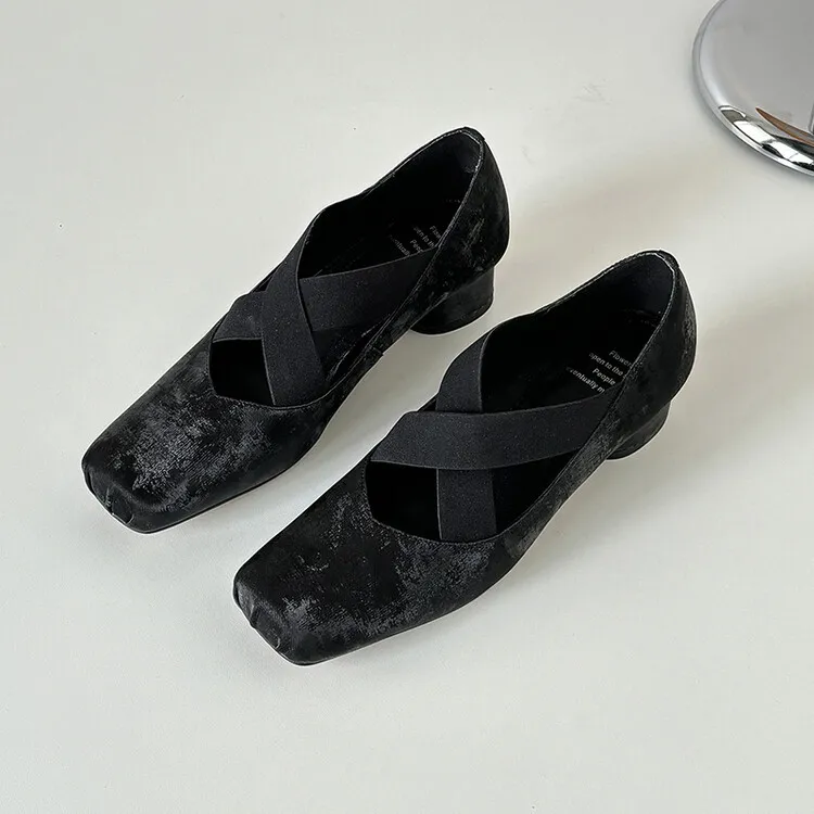 Chunky heel cross-over elastic ballet flats for women, spring style, square toe, flat, retro cross-strap, fashionable low-cut shoes.