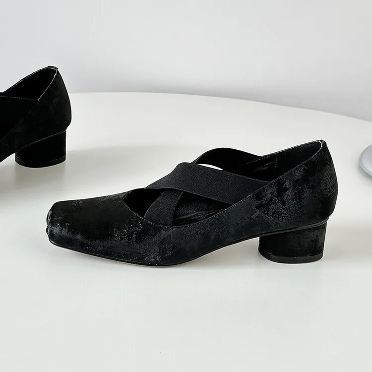 Chunky heel cross-over elastic ballet flats for women, spring style, square toe, flat, retro cross-strap, fashionable low-cut shoes.