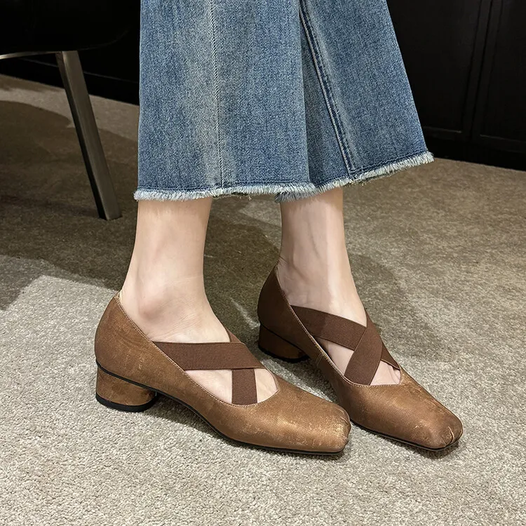 Chunky heel cross-over elastic ballet flats for women, spring style, square toe, flat, retro cross-strap, fashionable low-cut shoes.