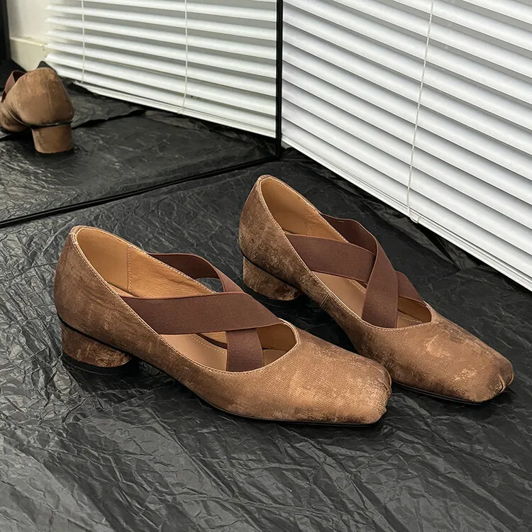 Chunky heel cross-over elastic ballet flats for women, spring style, square toe, flat, retro cross-strap, fashionable low-cut shoes.
