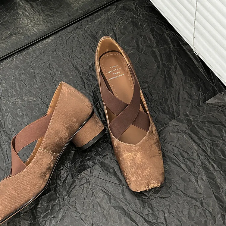 Chunky heel cross-over elastic ballet flats for women, spring style, square toe, flat, retro cross-strap, fashionable low-cut shoes.